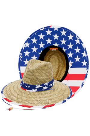 American Flag Under Brim Print Straw Lifeguard Hat