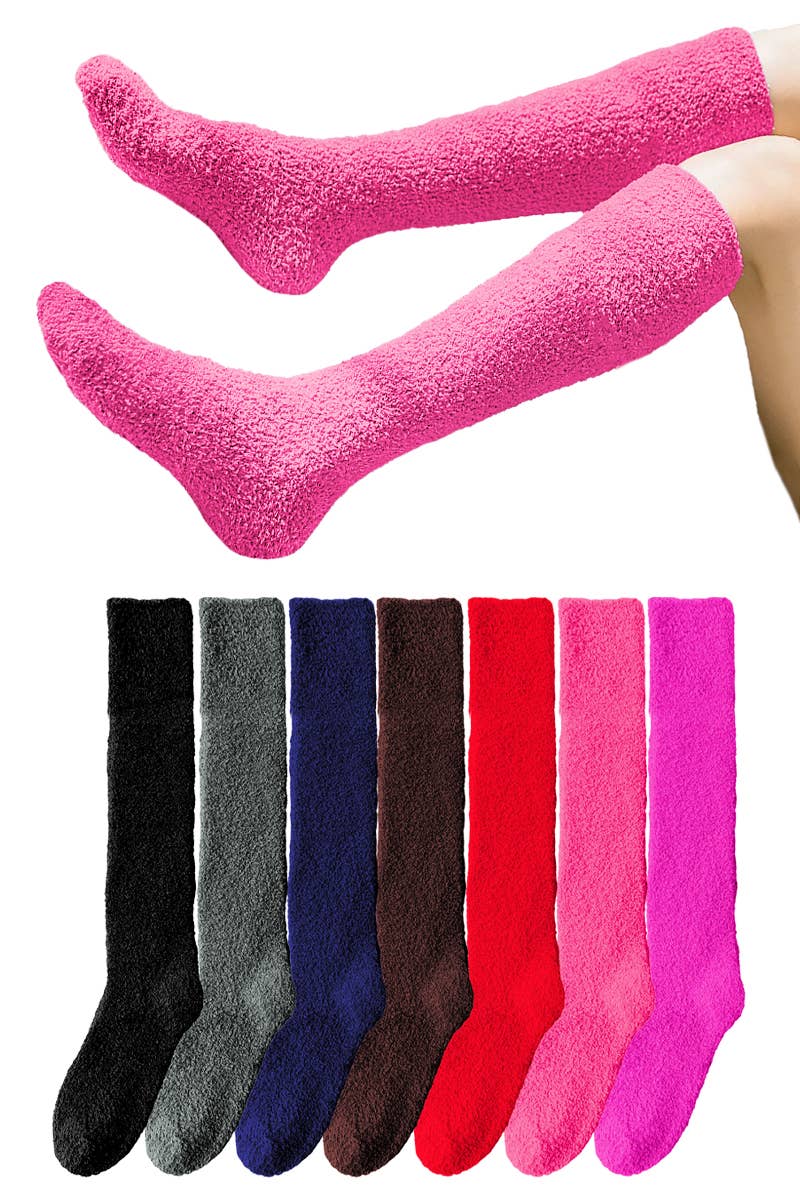 Adults Solid Knee High Fuzzy Lounge Socks