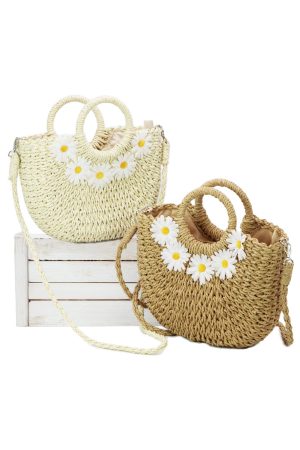 Large Daisy Rattan Wicker Crossbody Clutch Bag