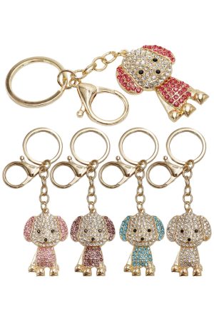 Puppy Dog Bling Rhinestone Gold Metal Key Chain - 12 Pcs