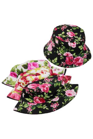 Peony Floral Print Black Bottom Bucket Hat