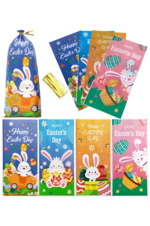 Easter Bunny Rabbit Treat Bag w/ Gold Twist Ties - 50 Pcs