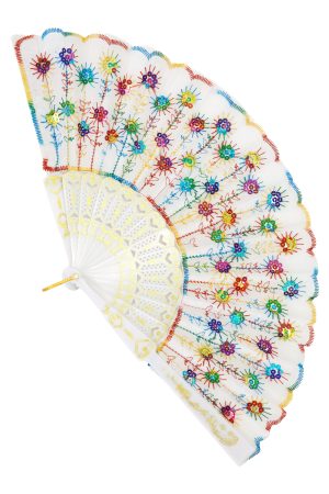 White Rainbow Floral Sequins Hand-Held Folding Fan