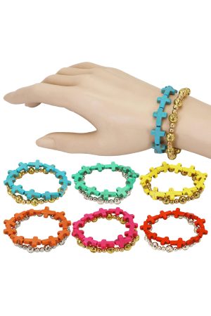 Stone Cross Engraved Gold Beaded Bracelet - 2 pcs/bag