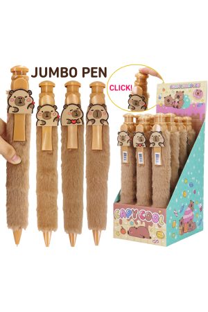 Jumbo Capybara Soft Fuzzy Fur Clicky Pen - 12 Pcs