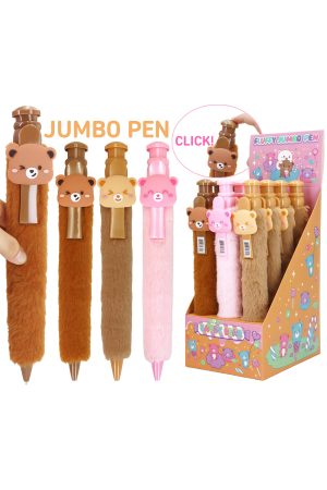 Jumbo Teddy Bear Soft Fuzzy Fur Clicky Pen - 12 Pcs