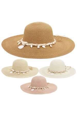 Chunky Seashell Braided Band Straw Floppy Sun Hat