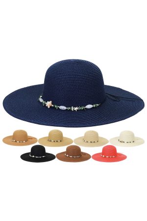 Nautical Starfish Stone Beaded Band Straw Floppy Sun Hat