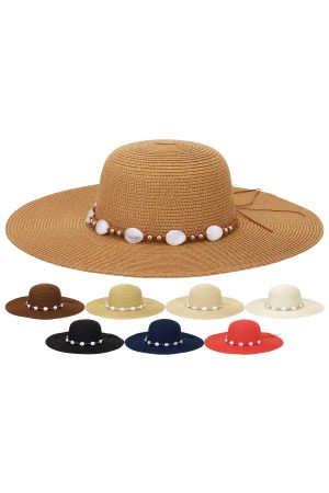 Marble Stone Metallic Bead Cord Band Straw Floppy Sun Hat