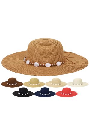 Marble Stone Metallic Bead Cord Band Straw Floppy Sun Hat