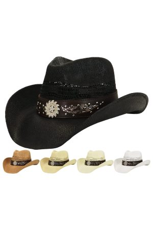 Bling Rhinestone Sunflower Studded Woven Straw Cowboy Hat