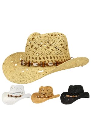 Cowrie Shell Wood Belt Crochet Hollow Woven Straw Cowboy Hat