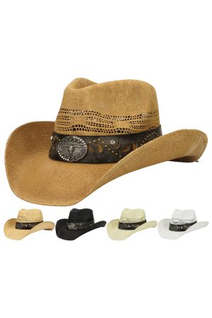 Vintage Longhorn Concho Cutout Belt Woven Straw Cowboy Hat