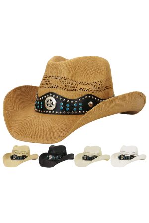 Bling Turquoise Jeweled Star Studded Woven Straw Cowboy Hat