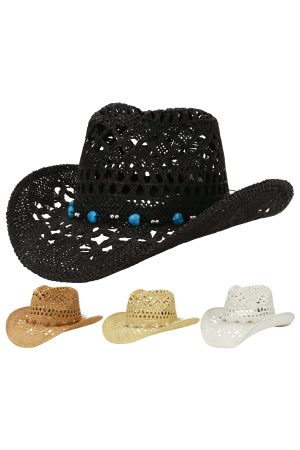 Heart Silver Beaded String Belt Crochet Straw Cowboy Hat