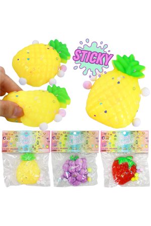 Fruit Sticky Mochi Glitter Pom Pom Squishy Bag - 12 Pcs