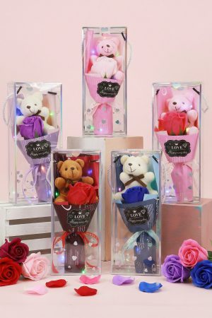 Teddy Bear Plush Soap Rose Floral Bouquet Gift Box - 6 Pcs