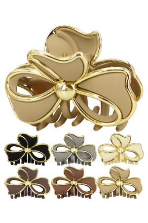 Matte Glossy Gold Accent Ribbon Bow Fashion Hair Claw