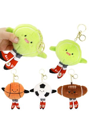 Cute Smiling Sports Ball Fuzzy Soft Plush Keychain - 12 pcs