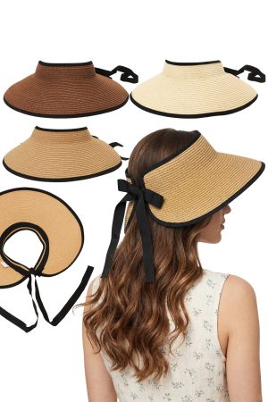 Black Ribbon Tie Woven Wide Brim Straw Visor Sun Hat