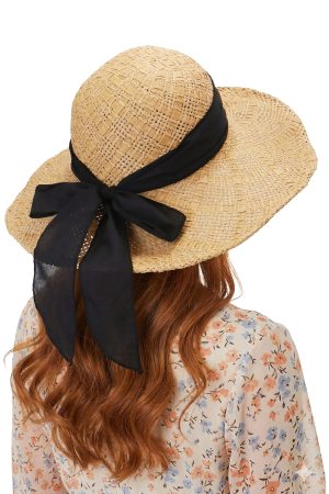 Wide Black Ribbon Raffia Woven Straw Sun Hat