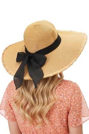 Black Ribbon Wide Brim Frayed Edge Floppy Straw Sun Hat