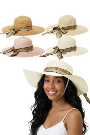 Houndstooth Grosgrain Ribbon Floppy Paper Straw Sun Hat