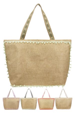 Woven Boho Strap Pastel Pom Pom Burlap Beach Tote Bag
