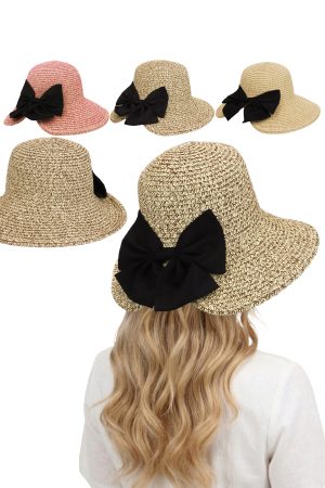 Black Bowtie Bucket Brim Paper Variegated Straw Sun Hat