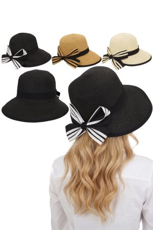 Striped Ribbon Bowtie Bucket Brim Paper Straw Sun Hat