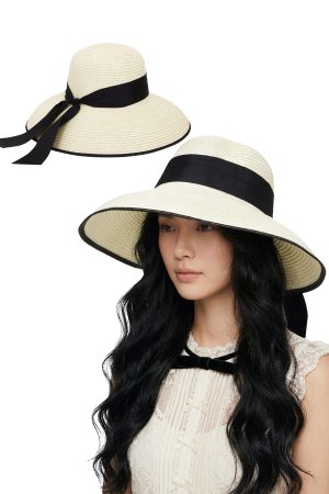 Black Ribbon Band Dome Brim Paper Straw Sun Hat