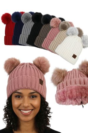 Chunky Ribbed Knitted Shaggy Faux Fur Pom Beanie