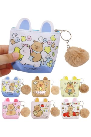 Capybara Print Ear Pom Pom Leather Coin Purse Bag