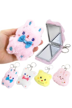 Bunny Bear Fuzzy Stuffed Compact Mirror Key Chain - 12 Pcs