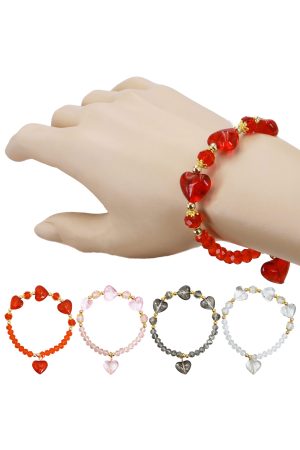 Heart Faux Crystal Beaded Charm Stretch Bracelet