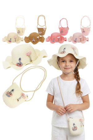 Kids Swan Wavy Brim Bucket Sun Hat and Crossbody Bag Set