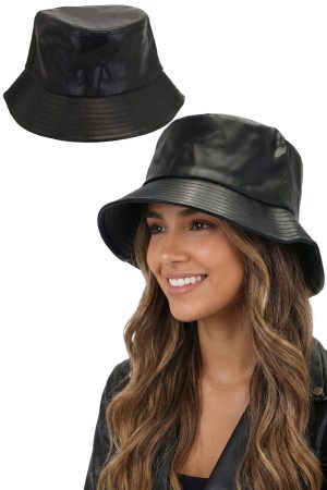 Classic Solid Black PU Leather Bucket Hat