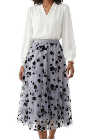 Floral Print High Waist Tulle Pleated Midi Skirt