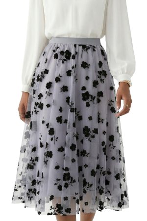 Floral Print High Waist Tulle Pleated Midi Skirt