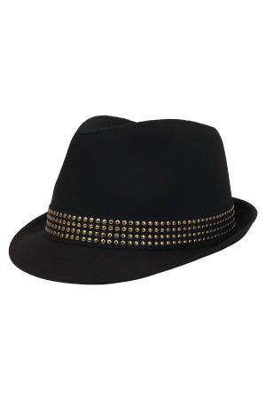 Bronze Studded Band Sleek Black Polyester Woven Fedora