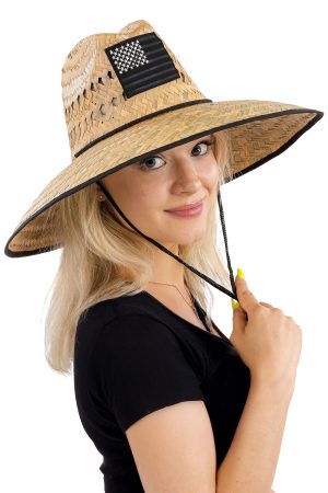 Vented Monochrome American Flag Patch Straw Lifeguard Hat