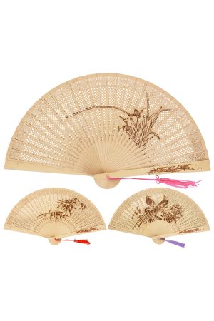 Nature Print Hollow Laser Cut Wooden Handheld Fan w/ Tassel