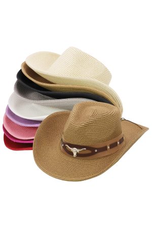 Longhorn Studded Two-Tone Cutout Belt Straw Cowboy Hat