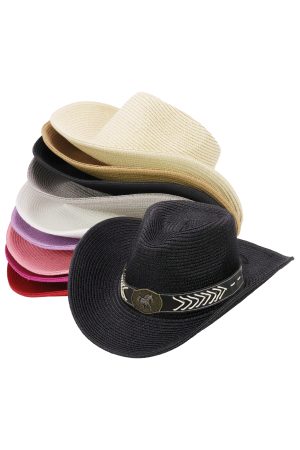 Mustang Horse Emblem Chevron Stitch Belt Straw Cowboy Hat