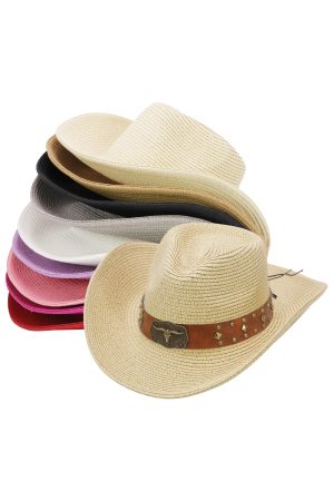 Longhorn Bronze Studded Rustic Patina Belt Straw Cowboy Hat