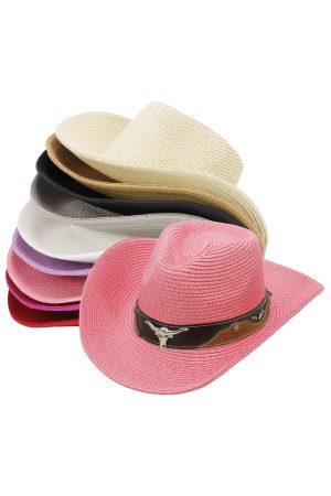 Western Filigree Longhorn Two-Tone Belt Straw Cowboy Hat