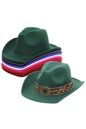 Faux Deep Gemstone Vine Belt Taco Brim Felt Cowboy Hat