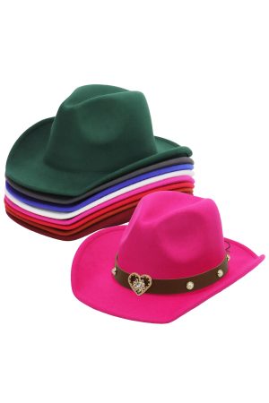 Bling Flower Heart Faux Pearl Belt Taco Brim Felt Cowboy Hat