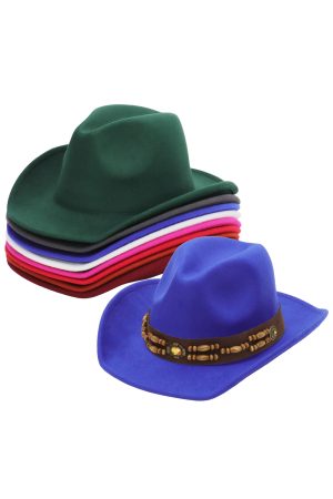 Faux Gemstone Wood Suede Belt Taco Brim Felt Cowboy Hat