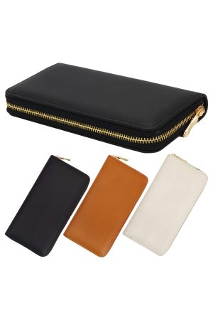Solid Faux Leather Gold Zippered Clutch Wallet - 12 Pcs